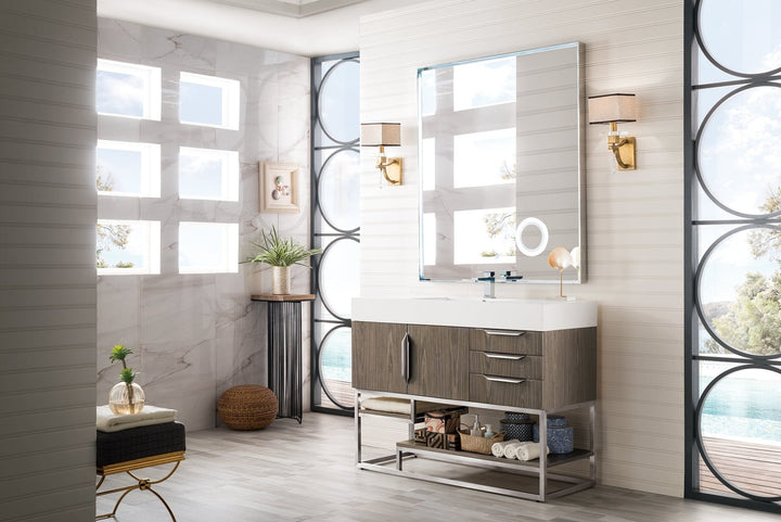 Columbia 48" Single Vanity, Ash Gray, Brushed Nickel w/ Glossy White Composite Stone Top