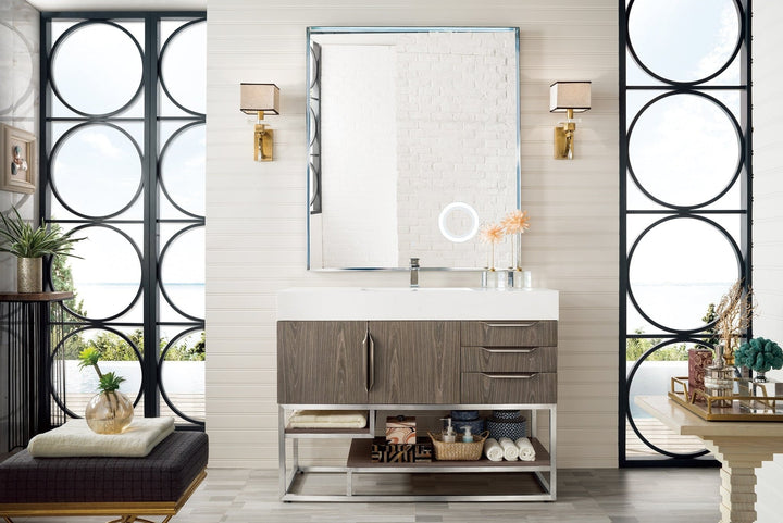 Columbia 48" Single Vanity, Ash Gray, Brushed Nickel w/ Glossy White Composite Stone Top