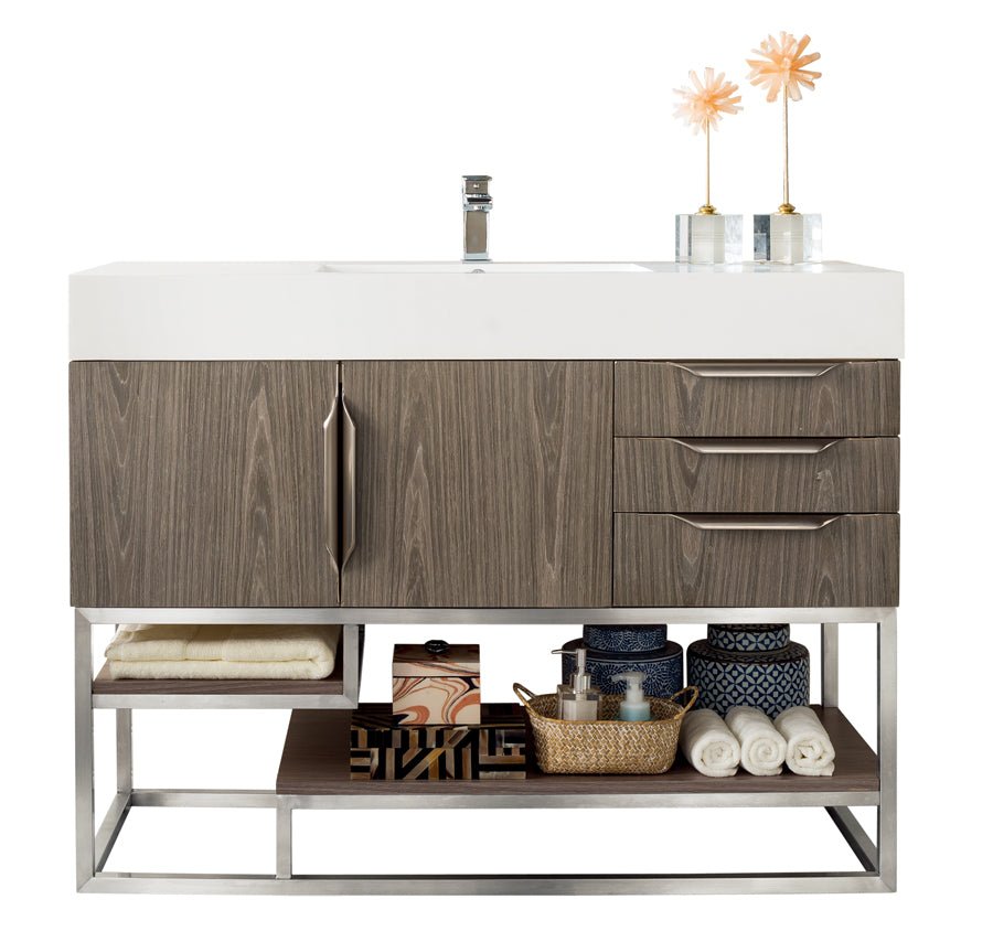 Columbia 48" Single Vanity, Ash Gray, Brushed Nickel w/ Glossy White Composite Stone Top