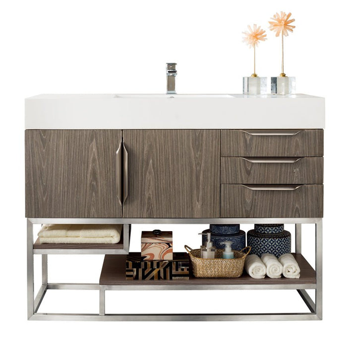 Columbia 48" Single Vanity, Ash Gray, Brushed Nickel w/ Glossy White Composite Stone Top