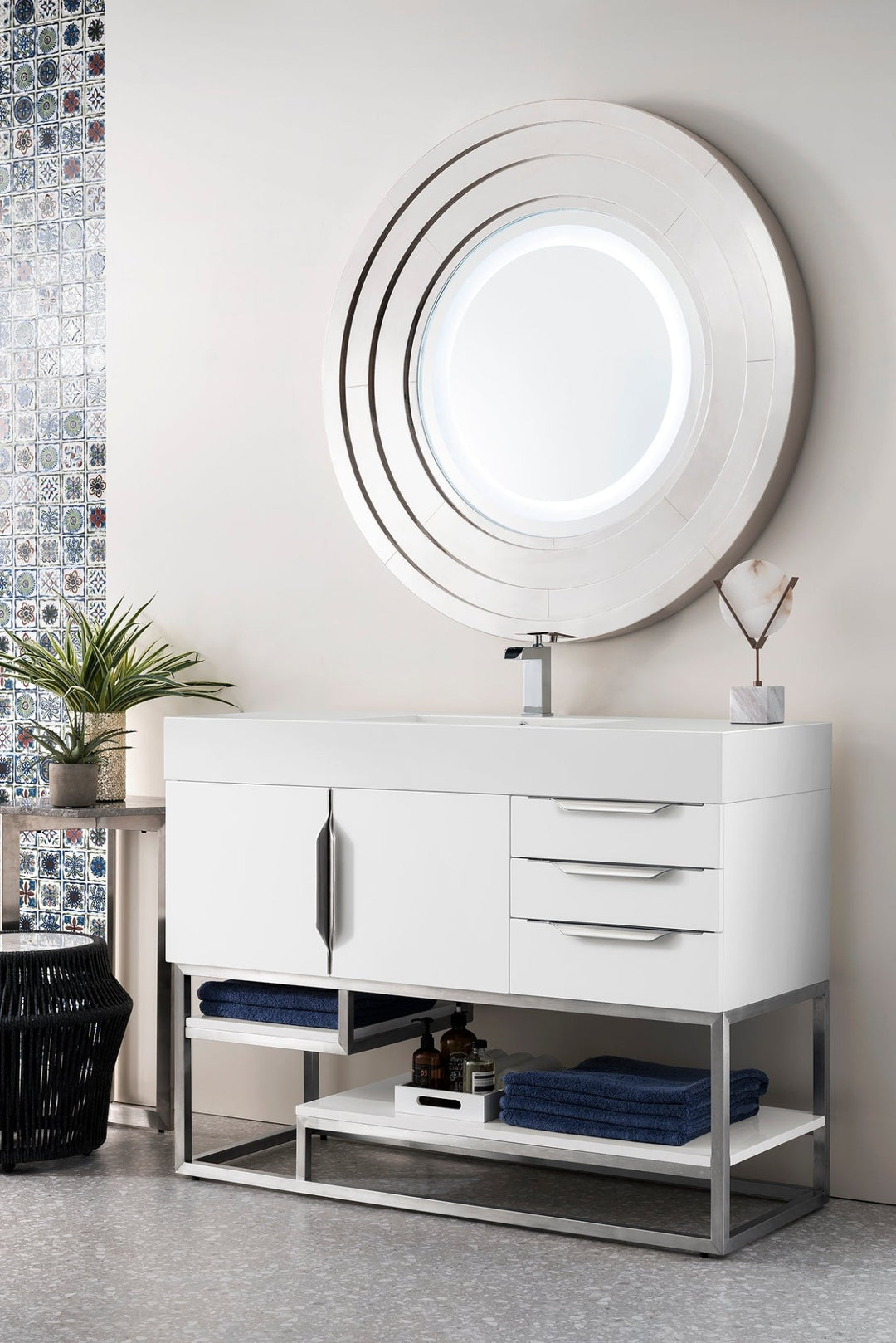 Columbia 48" Single Vanity, Glossy White, Brushed Nickel w/ Glossy White Composite Stone Top