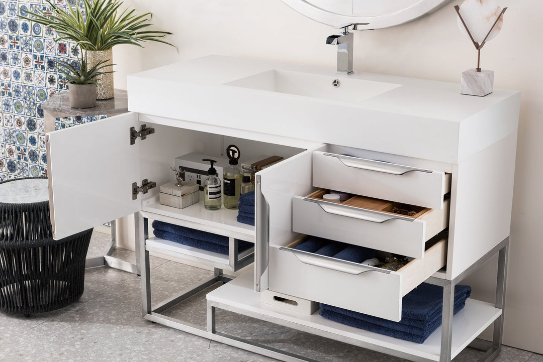 Columbia 48" Single Vanity, Glossy White, Brushed Nickel w/ Glossy White Composite Stone Top