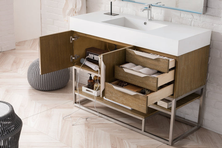 Columbia 48" Single Vanity, Latte Oak, Brushed Nickel w/ Glossy White Composite Stone Top