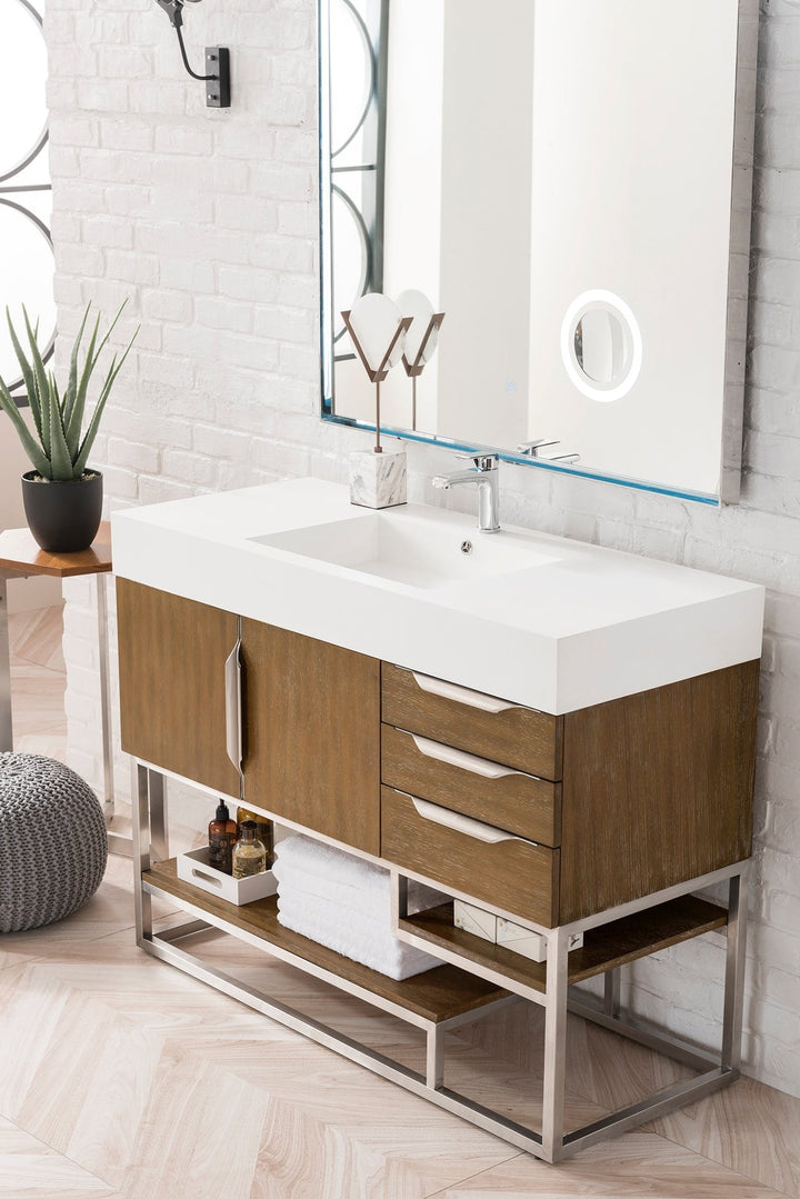 Columbia 48" Single Vanity, Latte Oak, Brushed Nickel w/ Glossy White Composite Stone Top