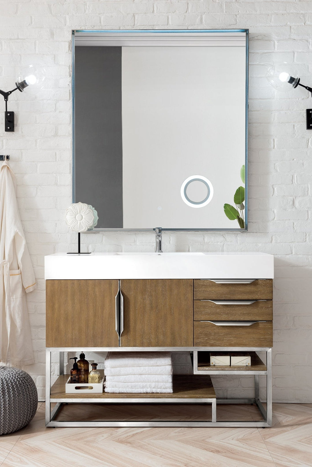Columbia 48" Single Vanity, Latte Oak, Brushed Nickel w/ Glossy White Composite Stone Top