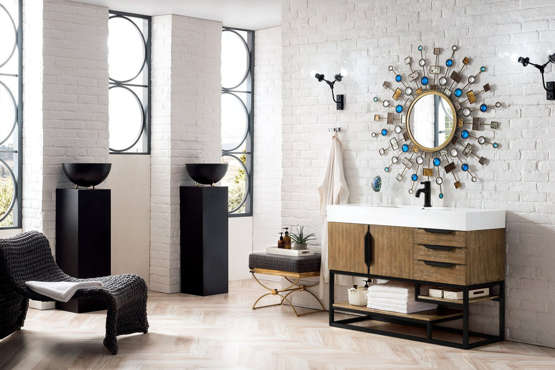 Columbia 48" Single Vanity, Latte Oak, Matte Black w/ Glossy White Composite Stone Top