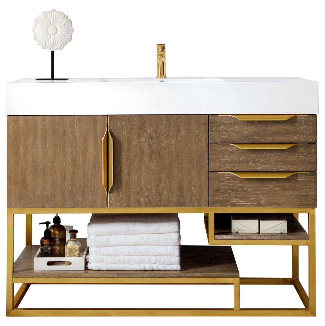Columbia 48" Single Vanity, Latte Oak, Radiant Gold w/ Glossy White Composite Stone Top