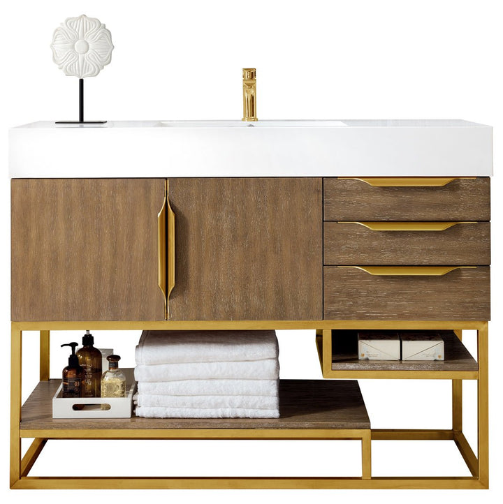 Columbia 48" Single Vanity, Latte Oak, Radiant Gold w/ Glossy White Composite Stone Top