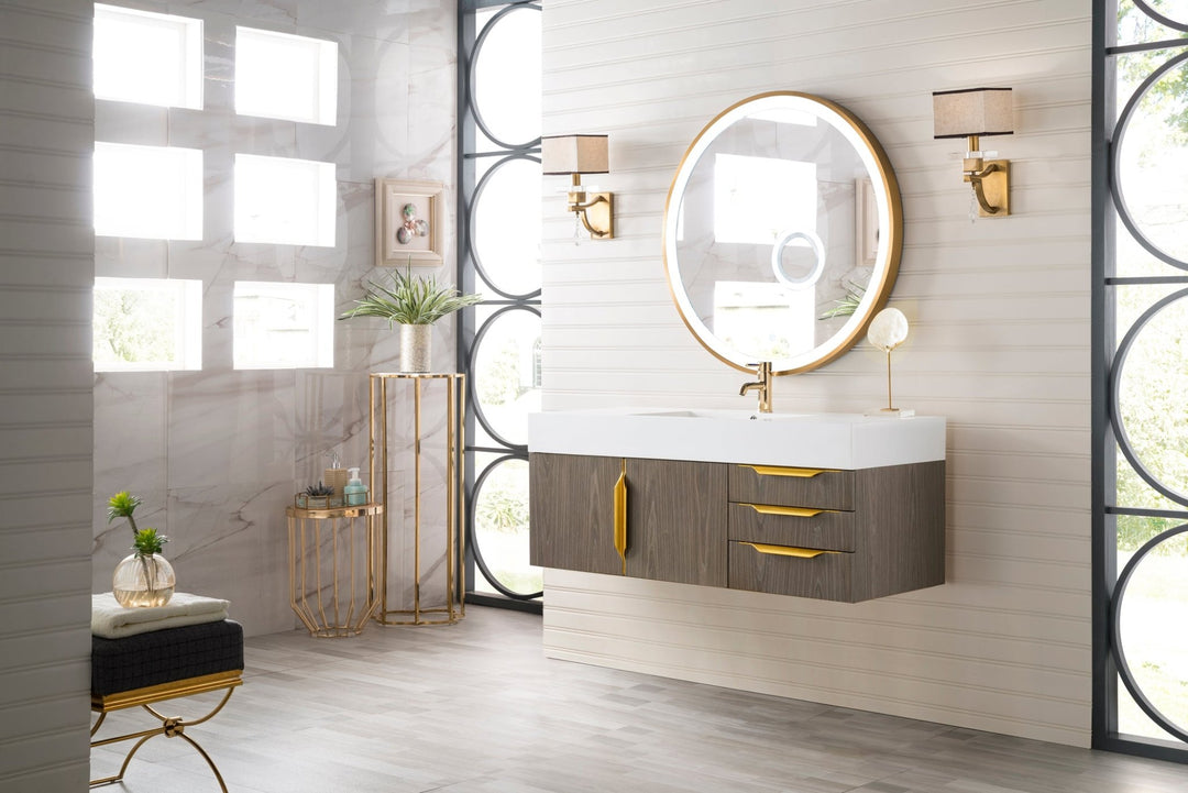 Columbia 48" Single Wall Mount Vanity, Ash Gray, Radiant Gold w/ Glossy White Composite Stone Top