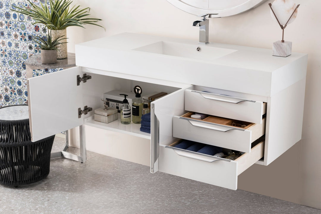 Columbia 48" Single Wall Mount Vanity, Glossy White, Brushed Nickel w/ Glossy White Composite Stone Top