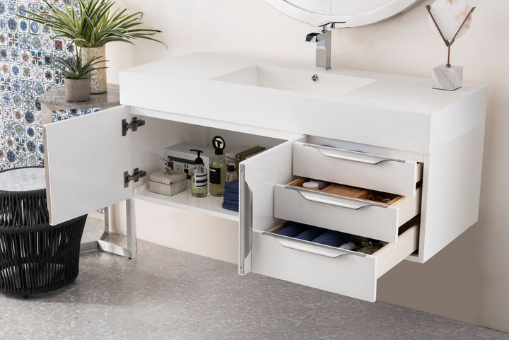 Columbia 48" Single Wall Mount Vanity, Glossy White, Brushed Nickel w/ Glossy White Composite Stone Top
