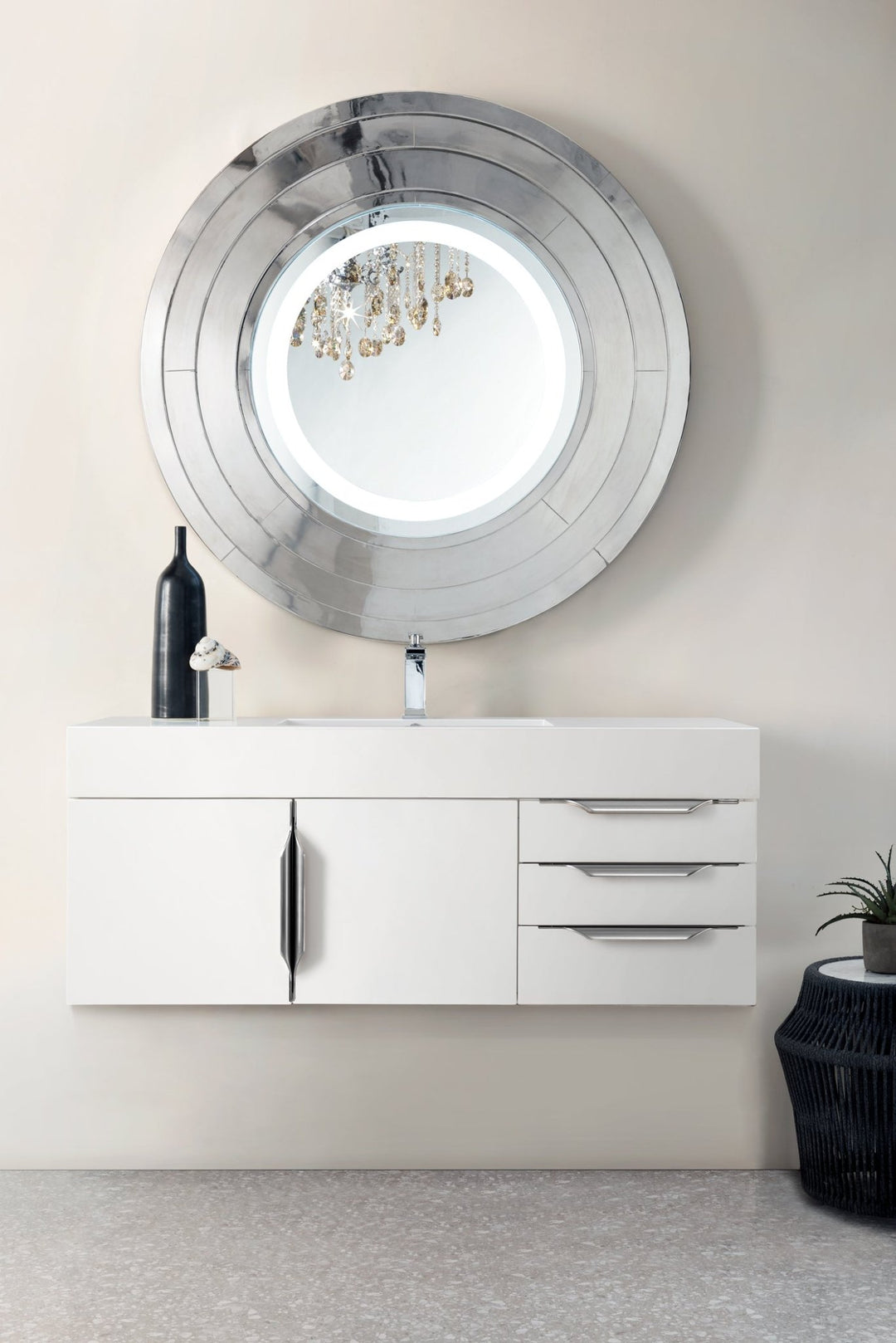 Columbia 48" Single Wall Mount Vanity, Glossy White, Brushed Nickel w/ Glossy White Composite Stone Top