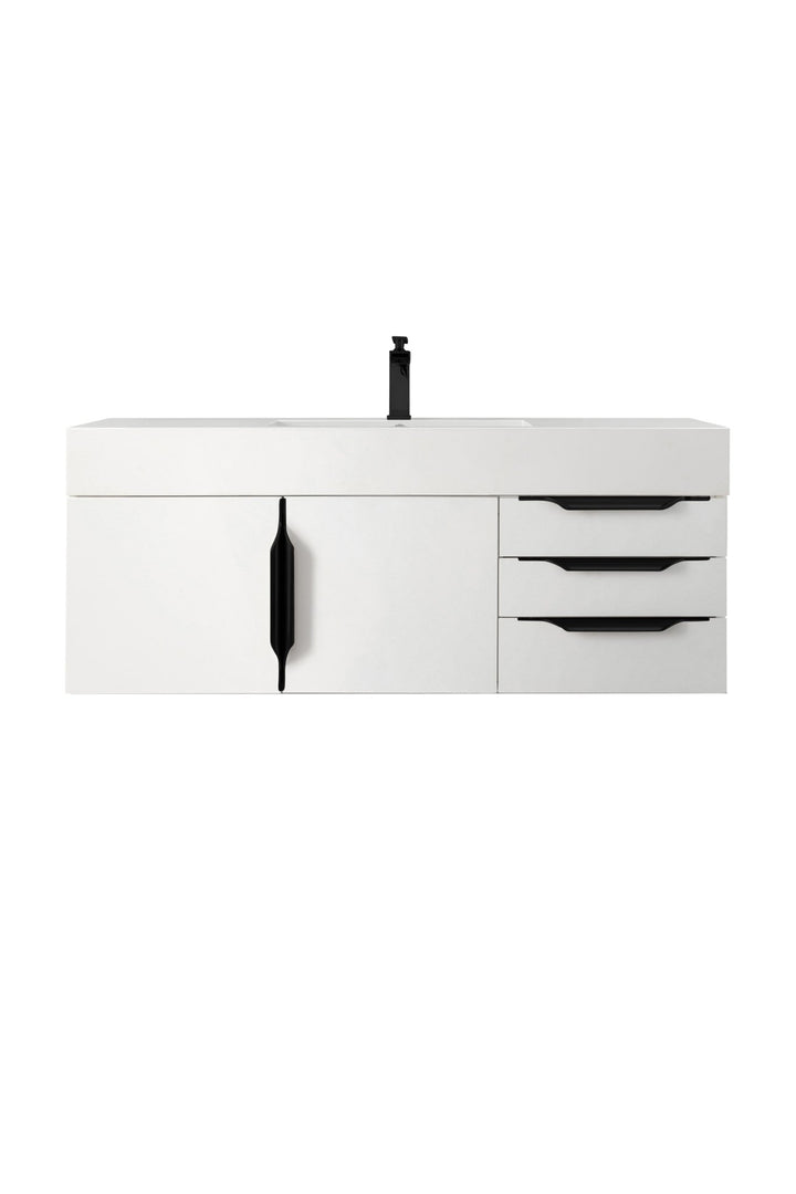 Columbia 48" Single Wall Mount Vanity, Glossy White, Matte Black w/ Glossy White Composite Stone Top