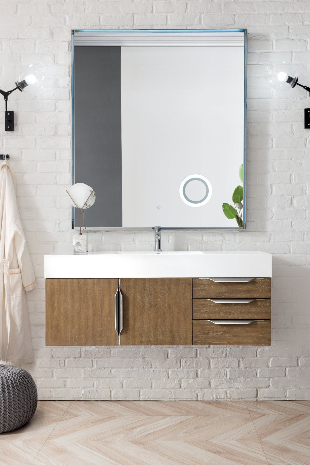 Columbia 48" Single Wall Mount Vanity, Latte Oak, Brushed Nickel w/ Glossy White Composite Stone Top