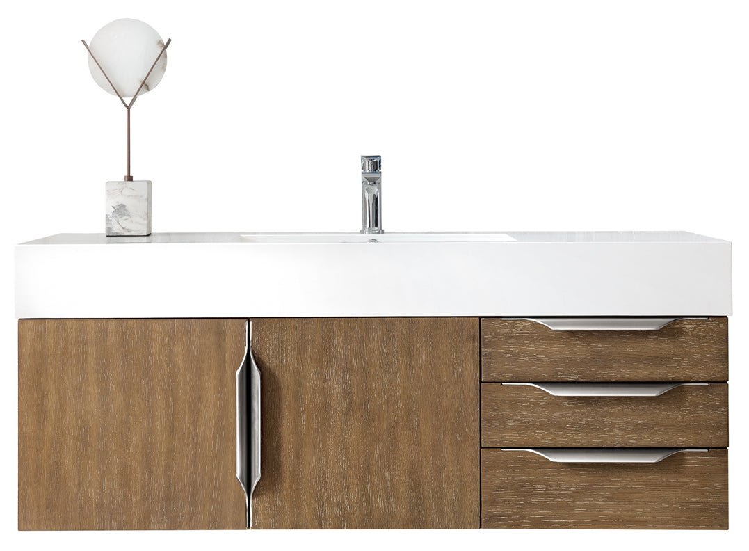 Columbia 48" Single Wall Mount Vanity, Latte Oak, Brushed Nickel w/ Glossy White Composite Stone Top
