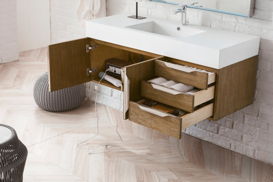 Columbia 48" Single Wall Mount Vanity, Latte Oak, Brushed Nickel w/ Glossy White Composite Stone Top