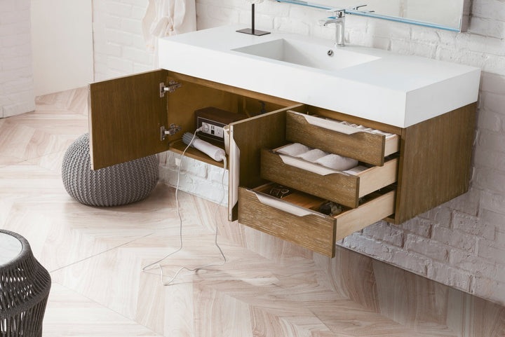 Columbia 48" Single Wall Mount Vanity, Latte Oak, Brushed Nickel w/ Glossy White Composite Stone Top