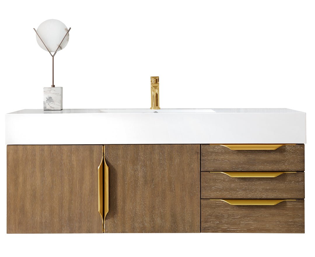 Columbia 48" Single Wall Mount Vanity, Latte Oak, Radiant Gold w/ Glossy White Composite Stone Top