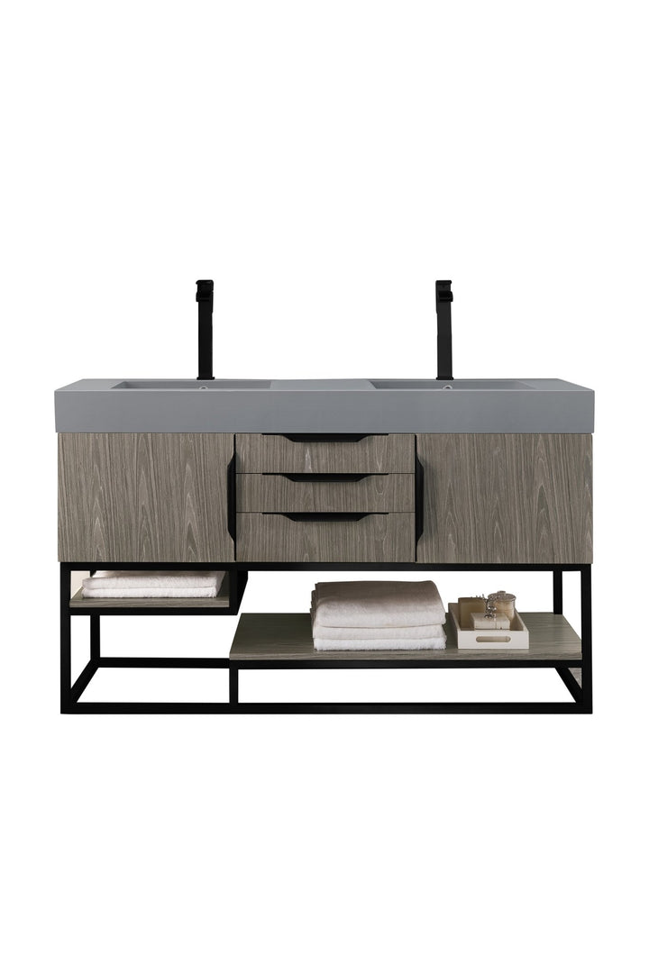 Columbia 59" Double Vanity, Ash Gray, Matte Black w/ Dusk Grey Glossy Composite Stone Top