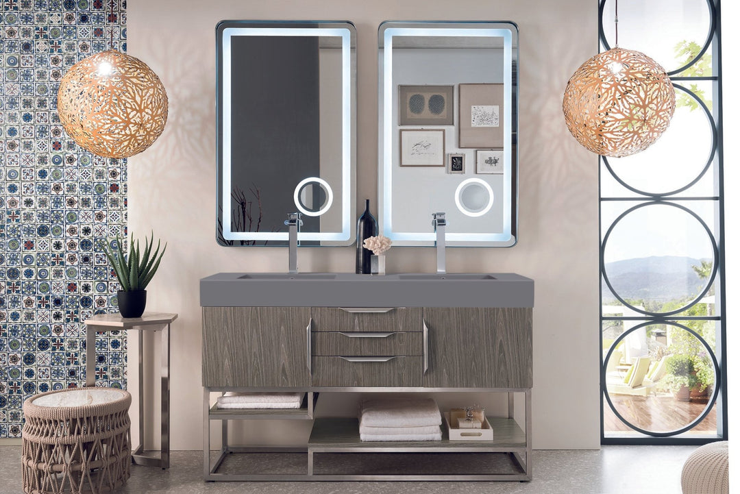Columbia 59" Double Vanity, Ash Gray w/ Dusk Grey Glossy Composite Stone Top