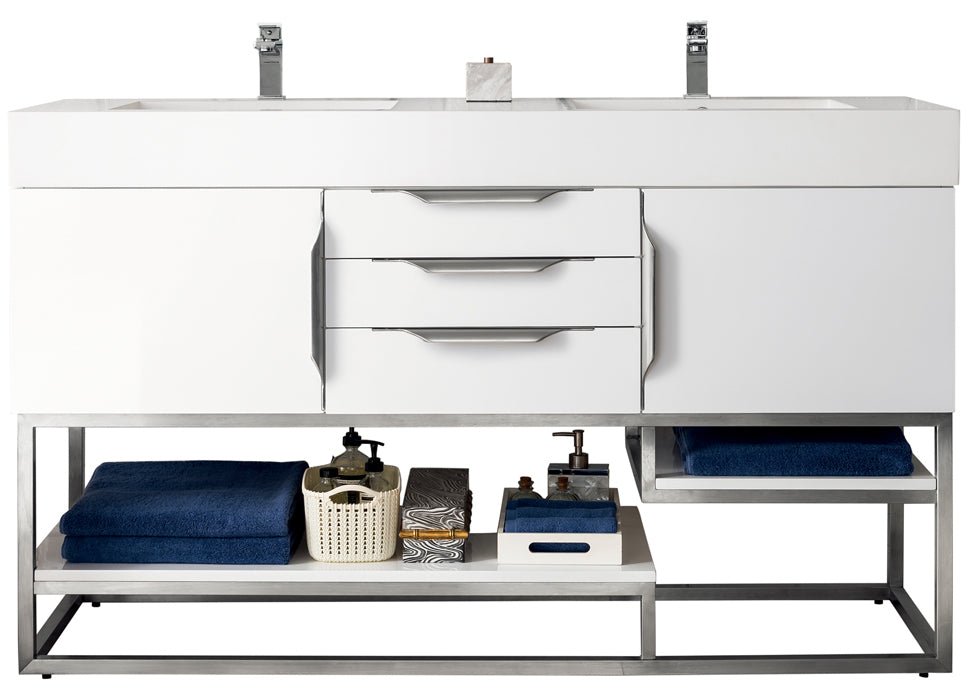 Columbia 59" Double Vanity Cabinet, Glossy White, Brushed Nickel