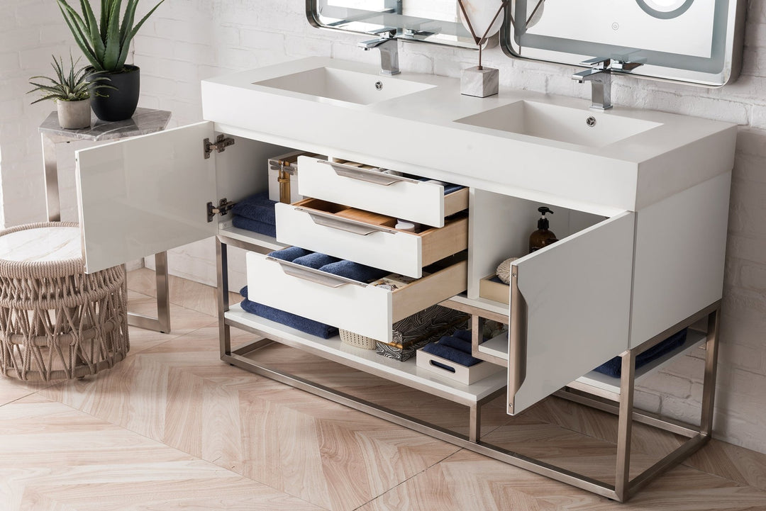 Columbia 59" Double Vanity, Glossy White, Brushed Nickel  w/ Glossy White Composite Stone Top