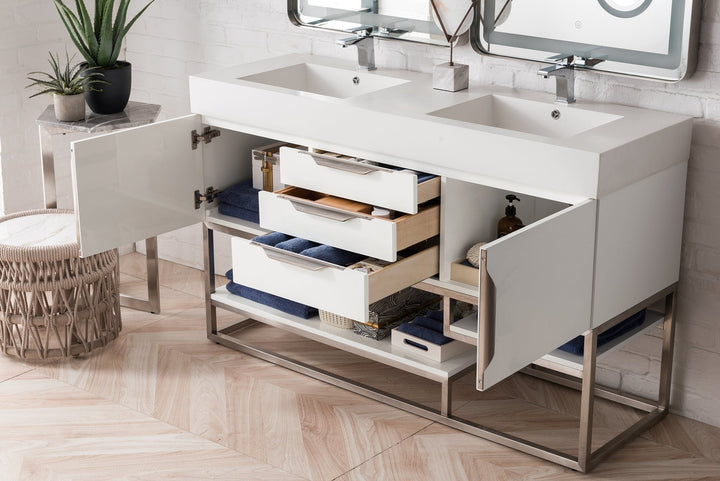 Columbia 59" Double Vanity, Glossy White, Brushed Nickel  w/ Glossy White Composite Stone Top