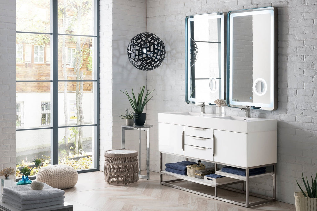 Columbia 59" Double Vanity, Glossy White, Brushed Nickel  w/ Glossy White Composite Stone Top