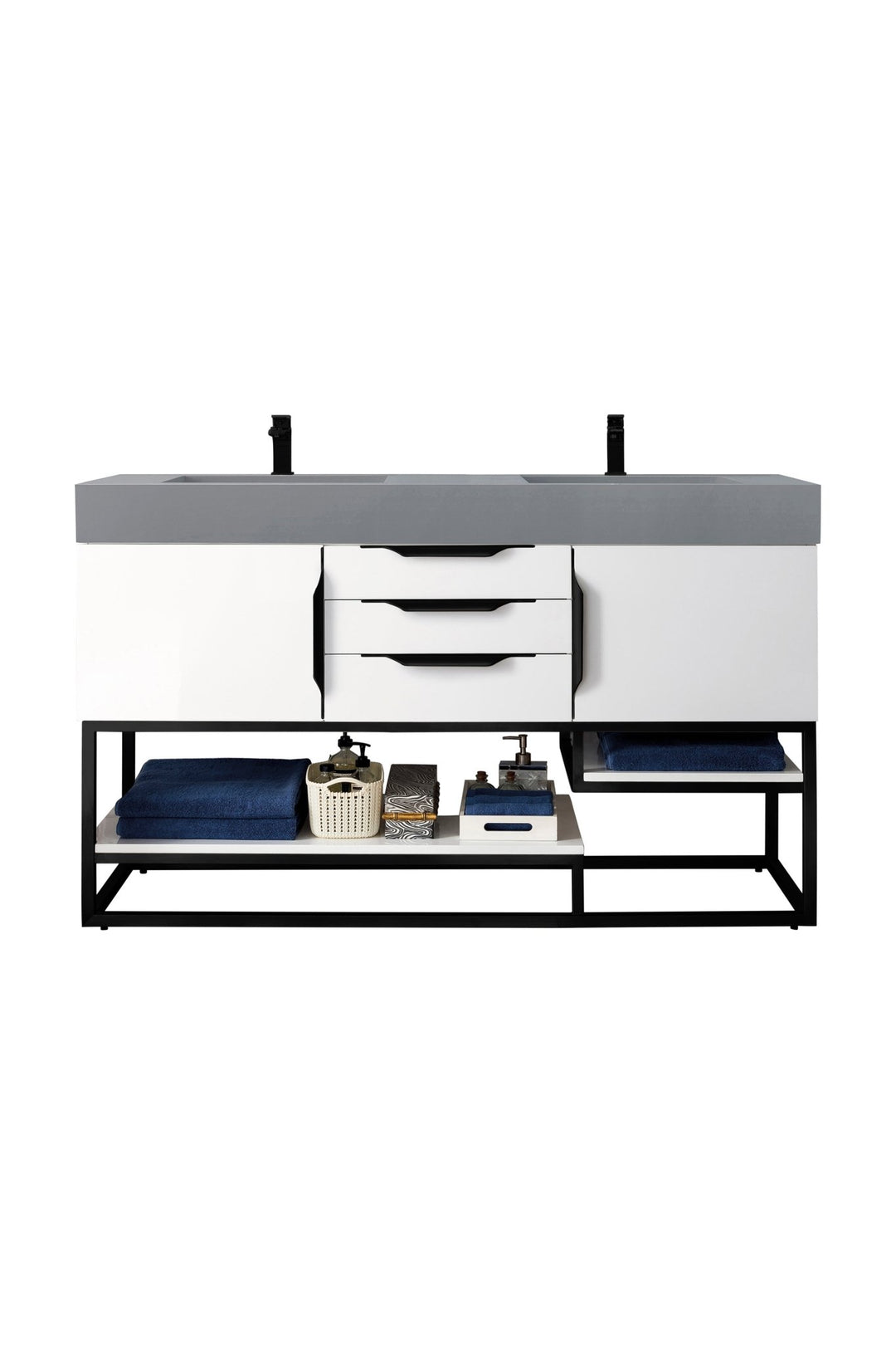 Columbia 59" Double Vanity, Glossy White, Matte Black w/ Dusk Grey Glossy Composite Stone Top