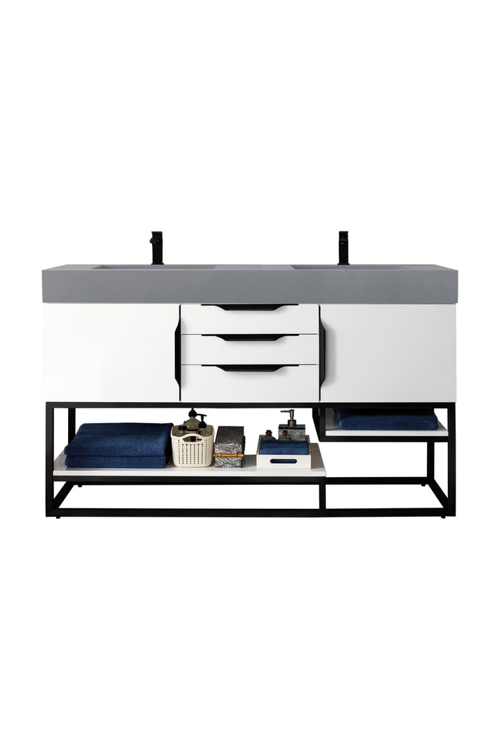 Columbia 59" Double Vanity, Glossy White, Matte Black w/ Dusk Grey Glossy Composite Stone Top