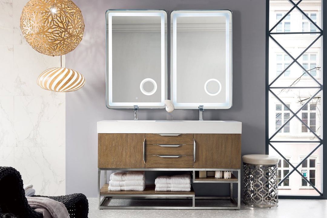 Columbia 59" Double Vanity, Latte Oak, Brushed Nickel w/ Glossy White Composite Stone Top