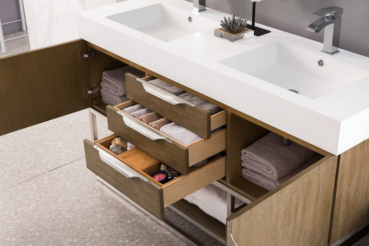 Columbia 59" Double Vanity, Latte Oak, Brushed Nickel w/ Glossy White Composite Stone Top