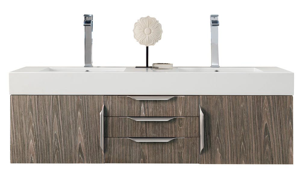Columbia 59" Double Wall Mount Vanity, Ash Gray, Brushed Nickel w/ Glossy White Composite Stone Top
