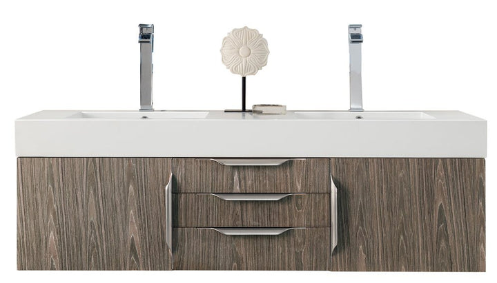 Columbia 59" Double Wall Mount Vanity, Ash Gray, Brushed Nickel w/ Glossy White Composite Stone Top