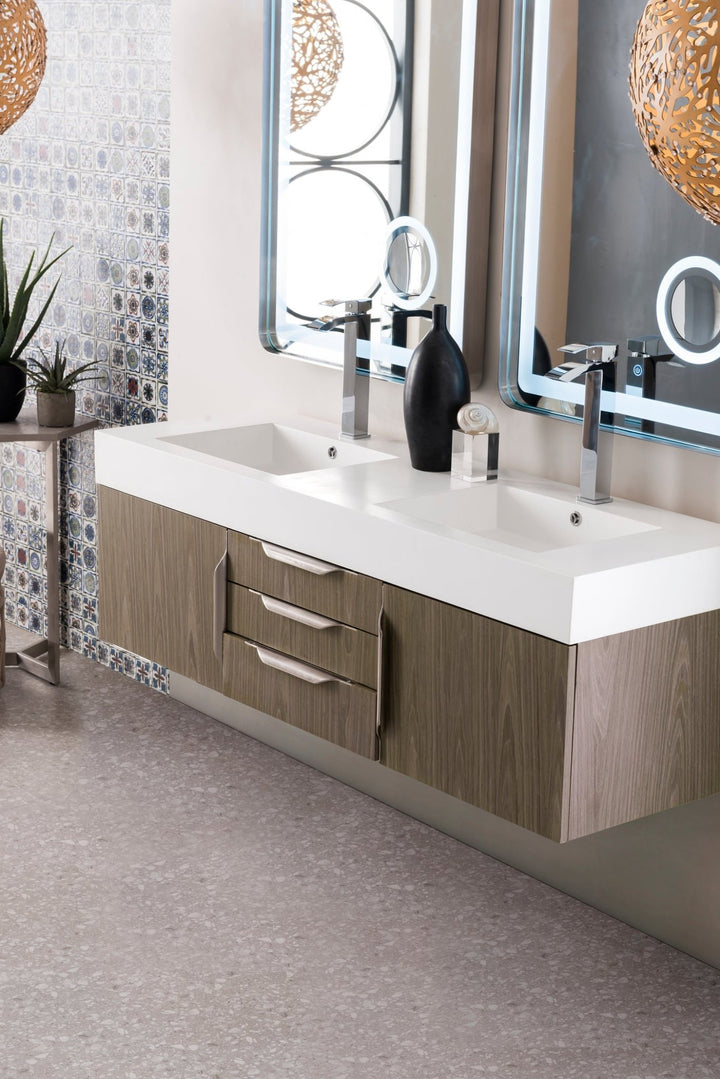 Columbia 59" Double Wall Mount Vanity, Ash Gray, Brushed Nickel w/ Glossy White Composite Stone Top