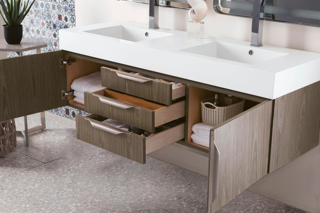 Columbia 59" Double Wall Mount Vanity, Ash Gray, Brushed Nickel w/ Glossy White Composite Stone Top