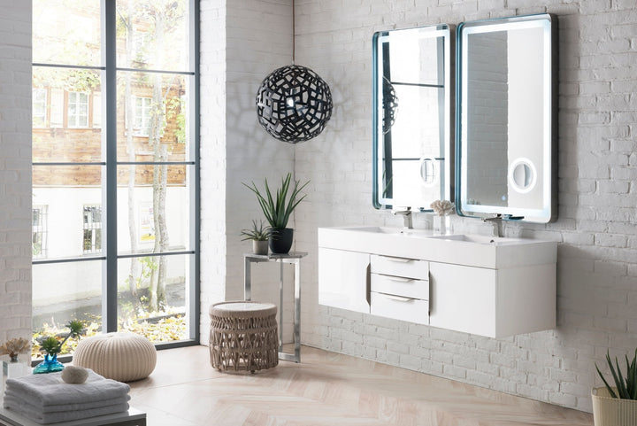 Columbia 59" Double Wall Mount Vanity, Glossy White, Brushed Nickel w/ Glossy White Composite Stone Top