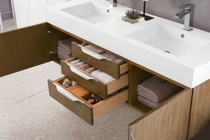 Columbia 59" Double Wall Mount Vanity, Latte Oak, Brushed Nickel w/ Glossy White Composite Stone Top