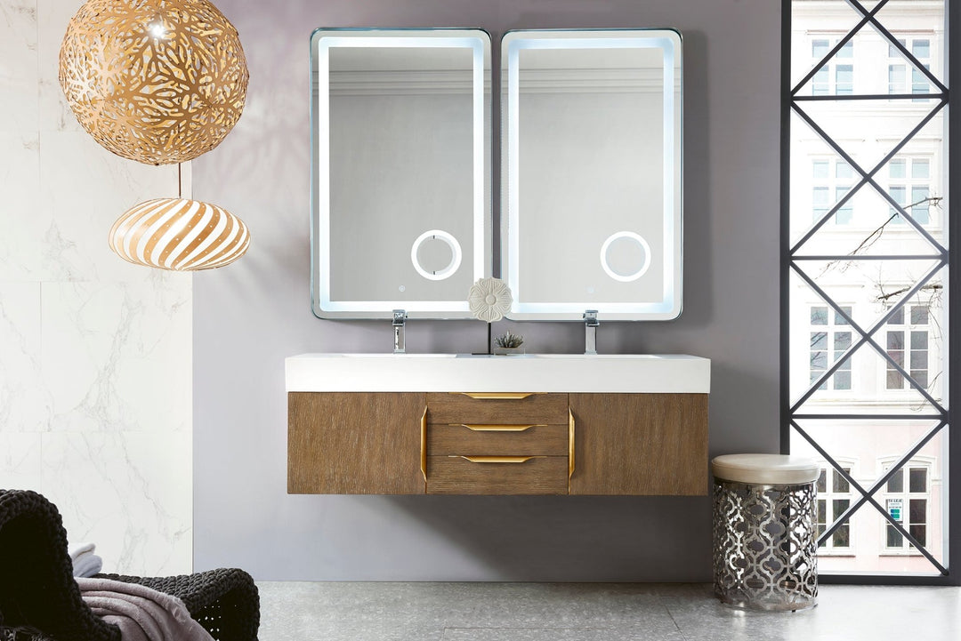 Columbia 59" Double Wall Mount Vanity, Latte Oak, Radiant Gold w/ Glossy White Composite Stone Top