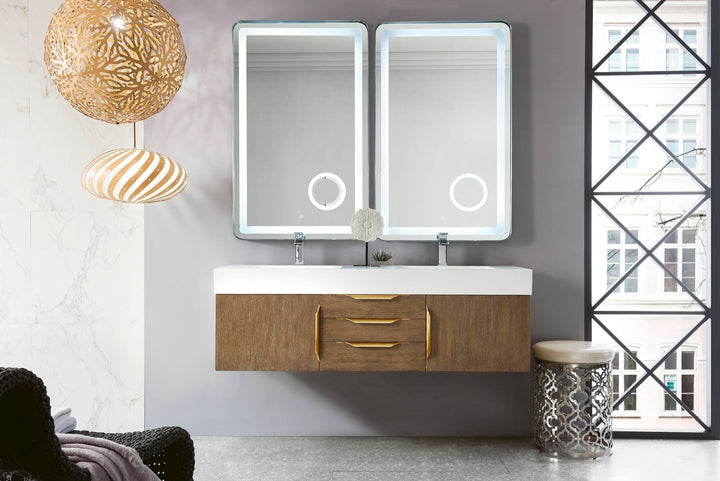 Columbia 59" Double Wall Mount Vanity, Latte Oak, Radiant Gold w/ Glossy White Composite Stone Top