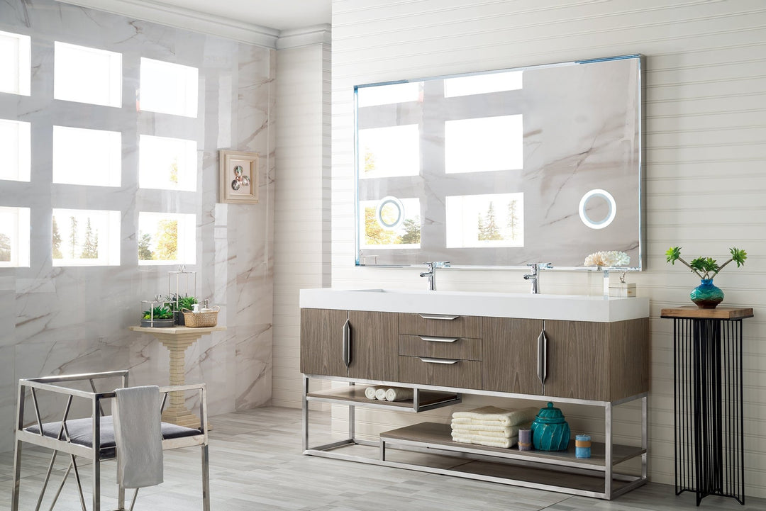 Columbia 72" Double Vanity, Ash Gray, Brushed Nickel w/ Glossy White Composite Stone Top