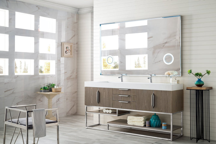 Columbia 72" Double Vanity, Ash Gray, Brushed Nickel w/ Glossy White Composite Stone Top