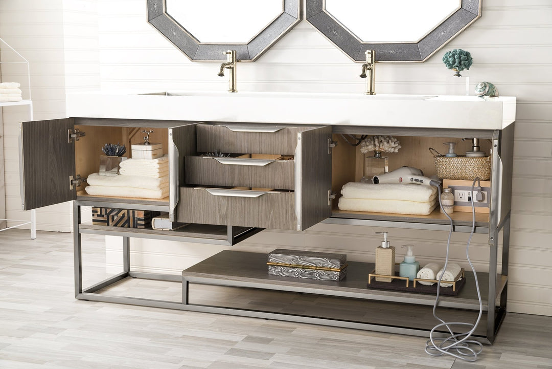 Columbia 72" Double Vanity, Ash Gray, Brushed Nickel w/ Glossy White Composite Stone Top