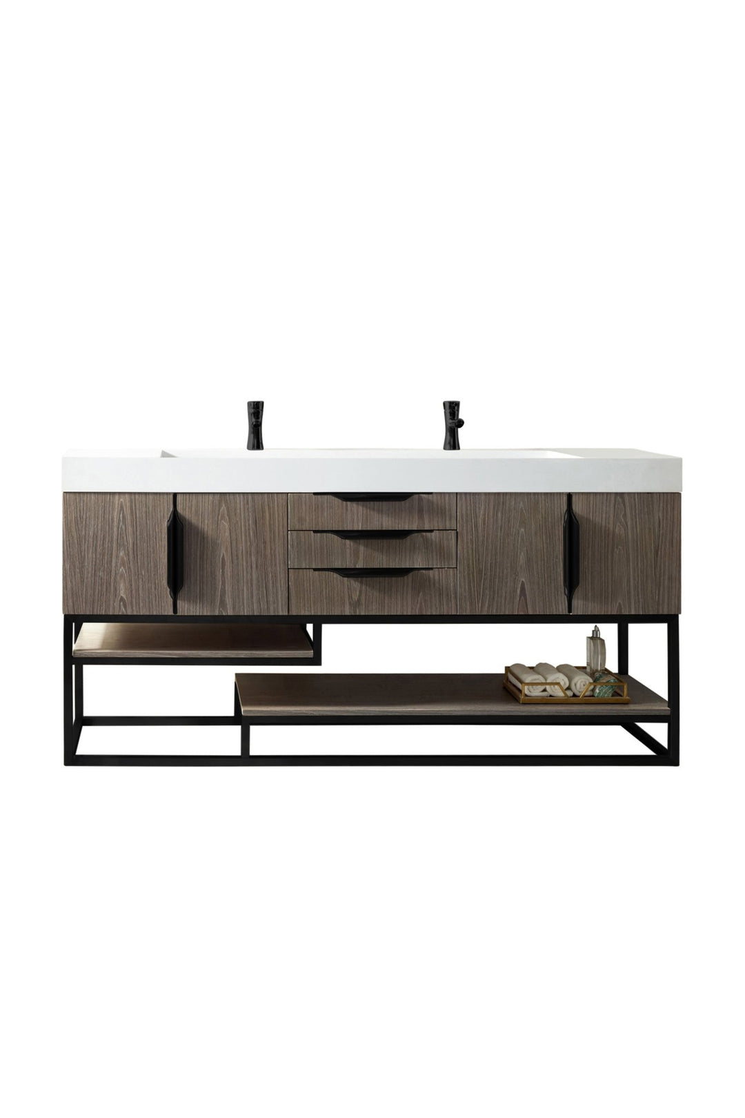 Columbia 72" Double Vanity, Ash Gray, Matte Black w/ Glossy White Composite Stone Top