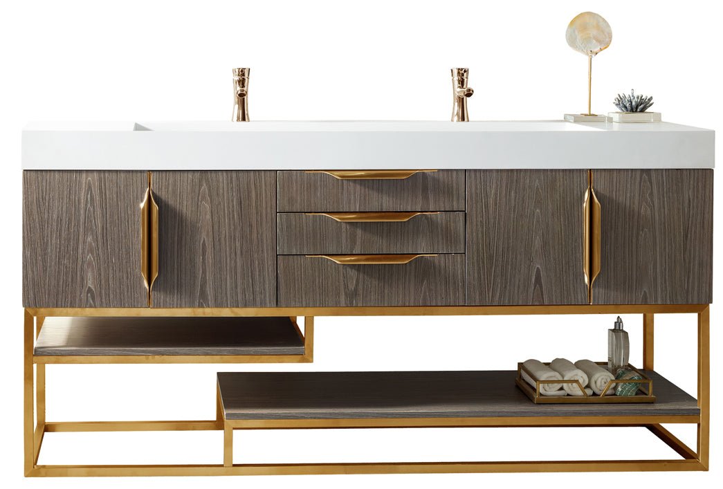 Columbia 72" Double Vanity, Ash Gray, Radiant Gold w/ Glossy White Composite Stone Top