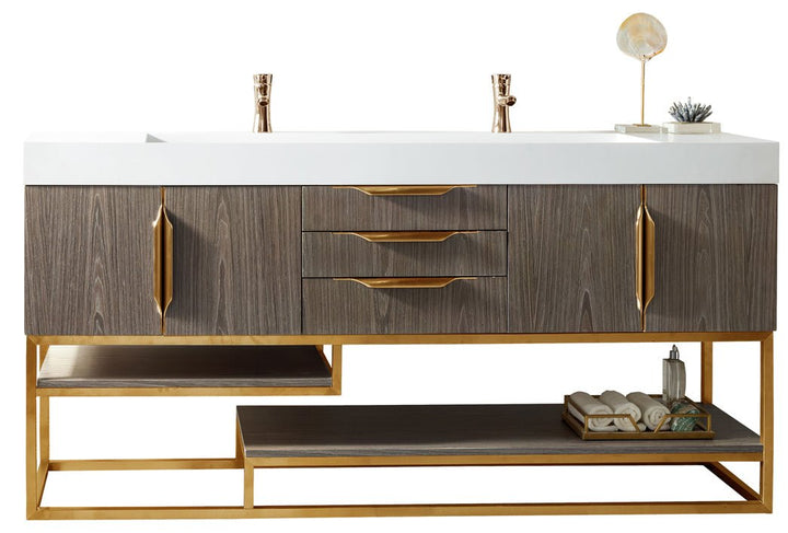 Columbia 72" Double Vanity, Ash Gray, Radiant Gold w/ Glossy White Composite Stone Top