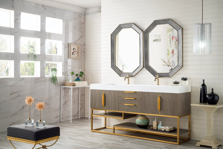 Columbia 72" Double Vanity, Ash Gray, Radiant Gold w/ Glossy White Composite Stone Top