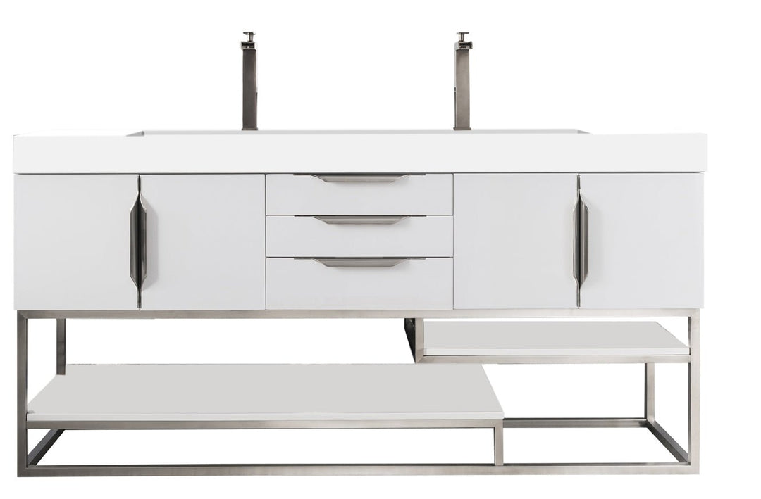 Columbia 72" Double Vanity, Glossy White, Brushed Nickel w/ Glossy White Composite Stone Top
