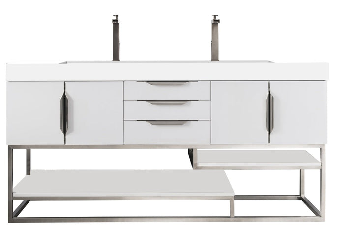 Columbia 72" Double Vanity, Glossy White, Brushed Nickel w/ Glossy White Composite Stone Top