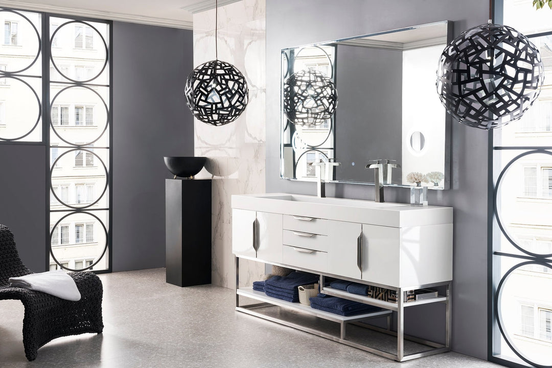 Columbia 72" Double Vanity, Glossy White, Brushed Nickel w/ Glossy White Composite Stone Top